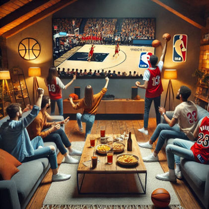 A cozy living room with an NBA game on TV, a coffee table full of snacks, and friends cheering.