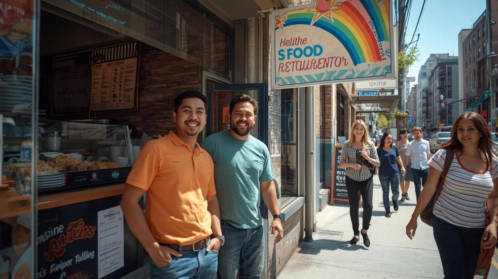 Smiling food entrepreneurs stand outside New York restaurant under colorful welcoming banner.
