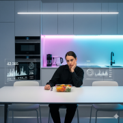 A person sits in a futuristic, high-tech kitchen from 2025. The environment is sterile and minimalist with integrated smart appliances.