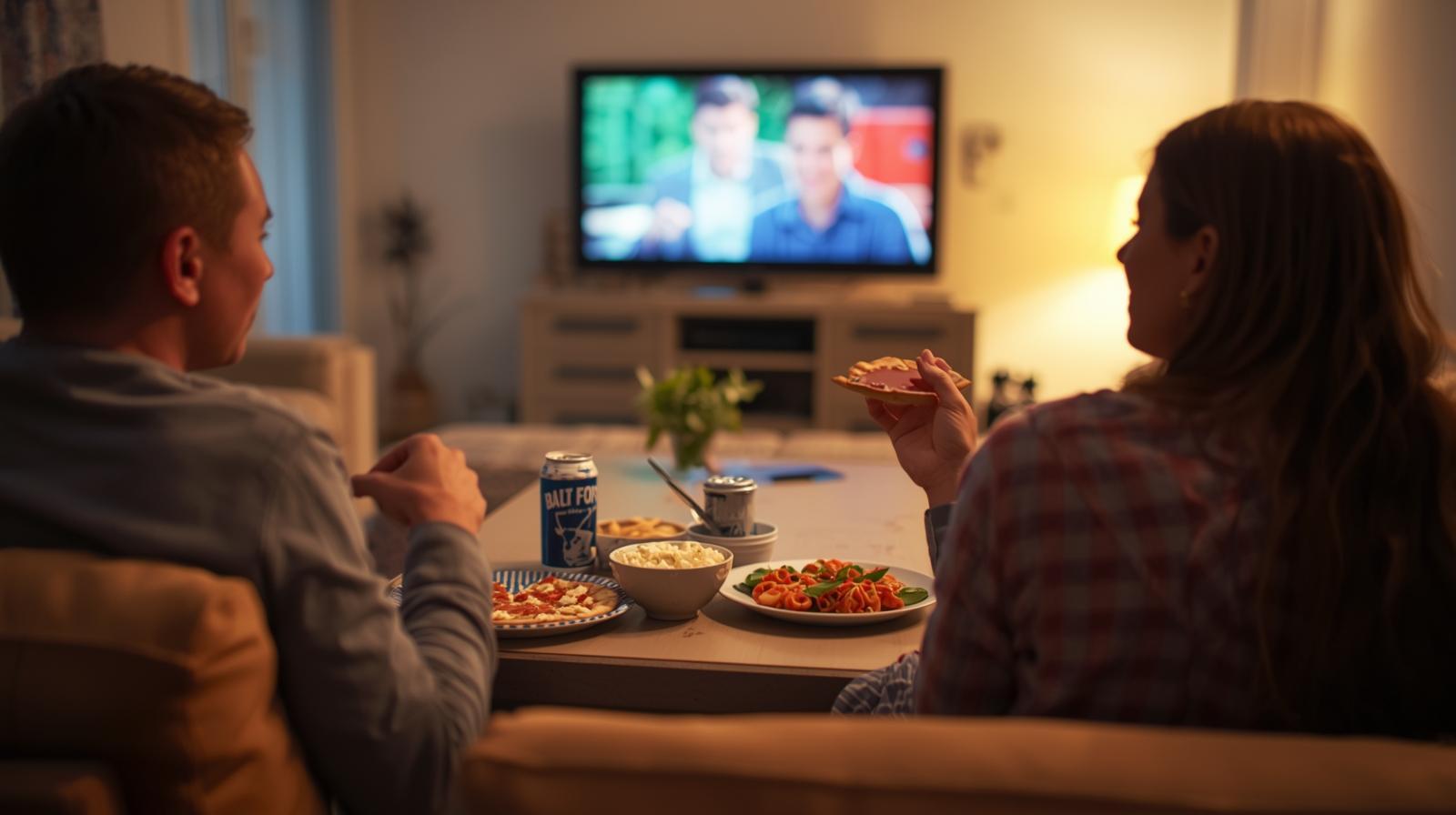 Two friends enjoying comfort food while watching a movie in a cozy home.