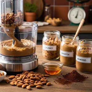 Close-up of a food processor making almond butter, surrounded by raw nuts, honey, cocoa powder, and glass jars filled with fresh nut butter in a rustic kitchen background