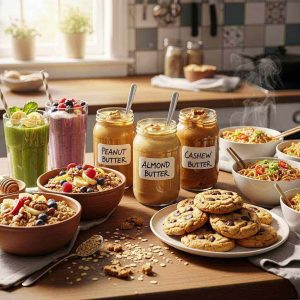 A vibrant kitchen scene featuring jars of peanut, almond, and cashew butter alongside smoothies, oatmeal bowls, baked cookies, and savory noodle dishes