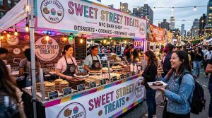A vibrant NYC food market booth with colorful vinyl banners, delicious dessert displays, customers taking photos