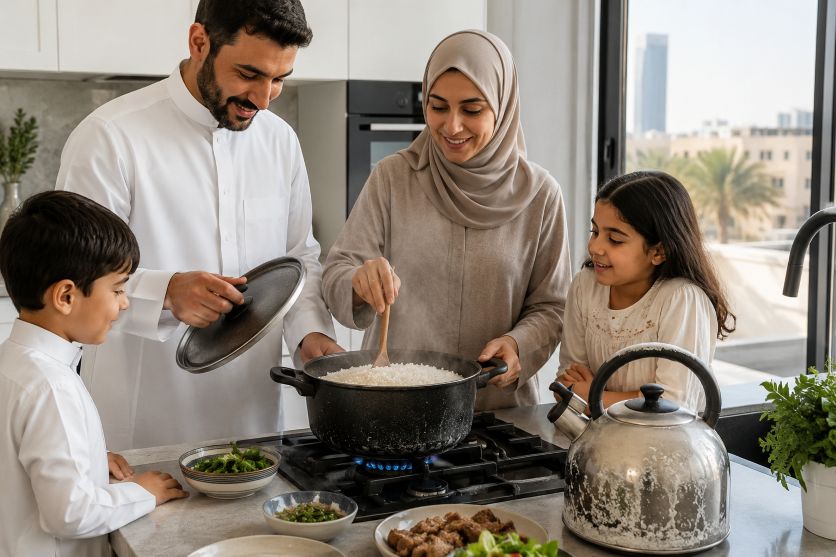 Jeddah kitchen with a family preparing rice while hard water residue is visible on a kettle