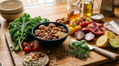 A close-up food preparation scene showing high-quality ingredients, natural nuts, fresh produce, and a beautifully arranged kitchen workspace.
