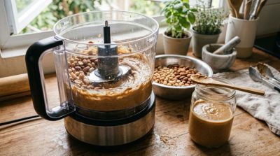 Fresh roasted peanuts and almonds being processed into creamy nut butter, food processor, wooden spoon, glass jar in a natural kitchen setting